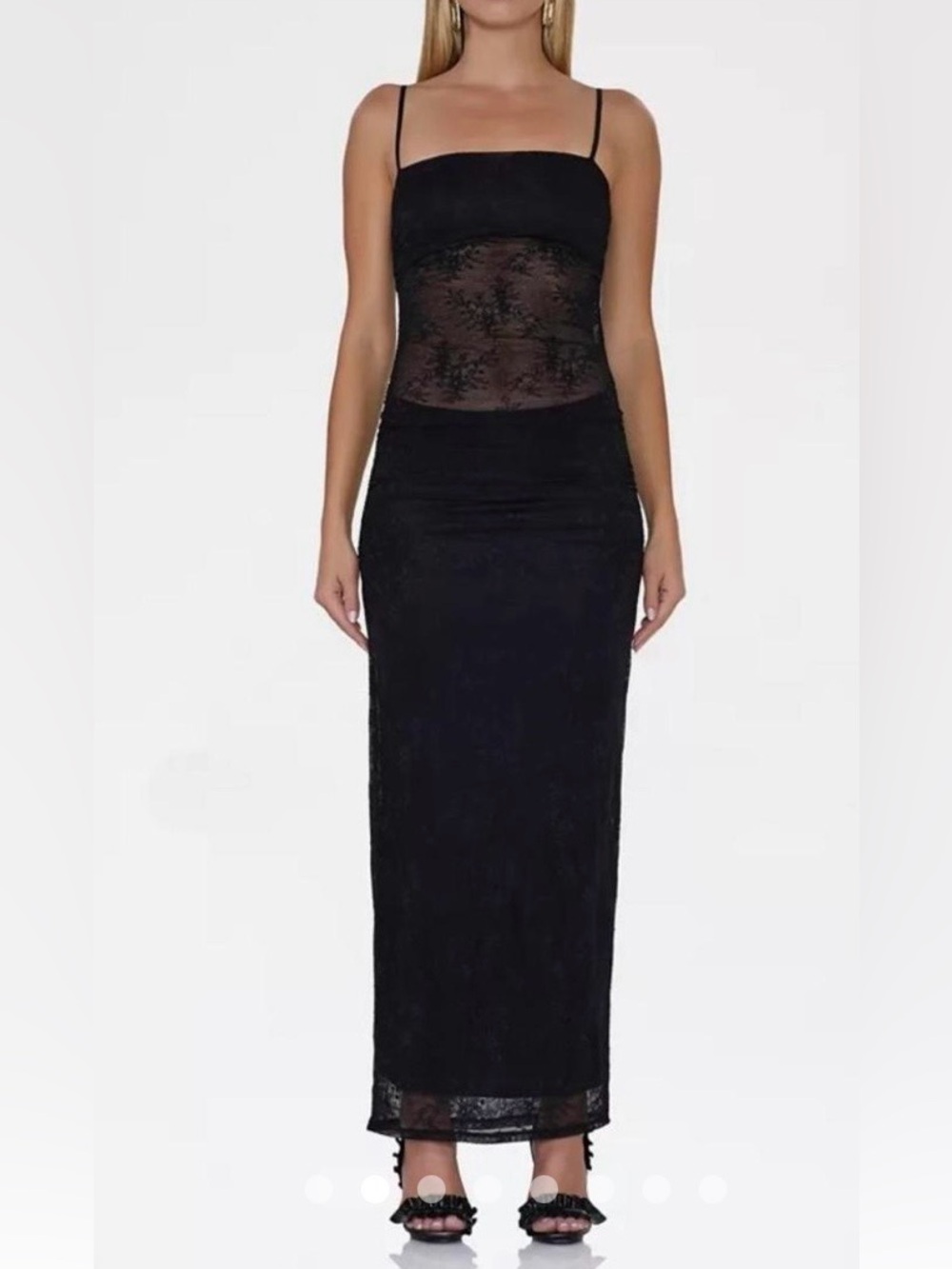 AFRM Jennan Ruched Black Floral Lace Tank Maxi Dress with Sheer Waist Size S